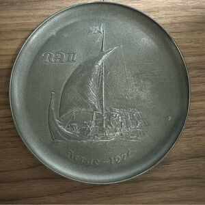 Rare Eik Tinn Pewter Raft Boat Ra II 1970 Collector Souvenir Plate Size 6 1/2''
